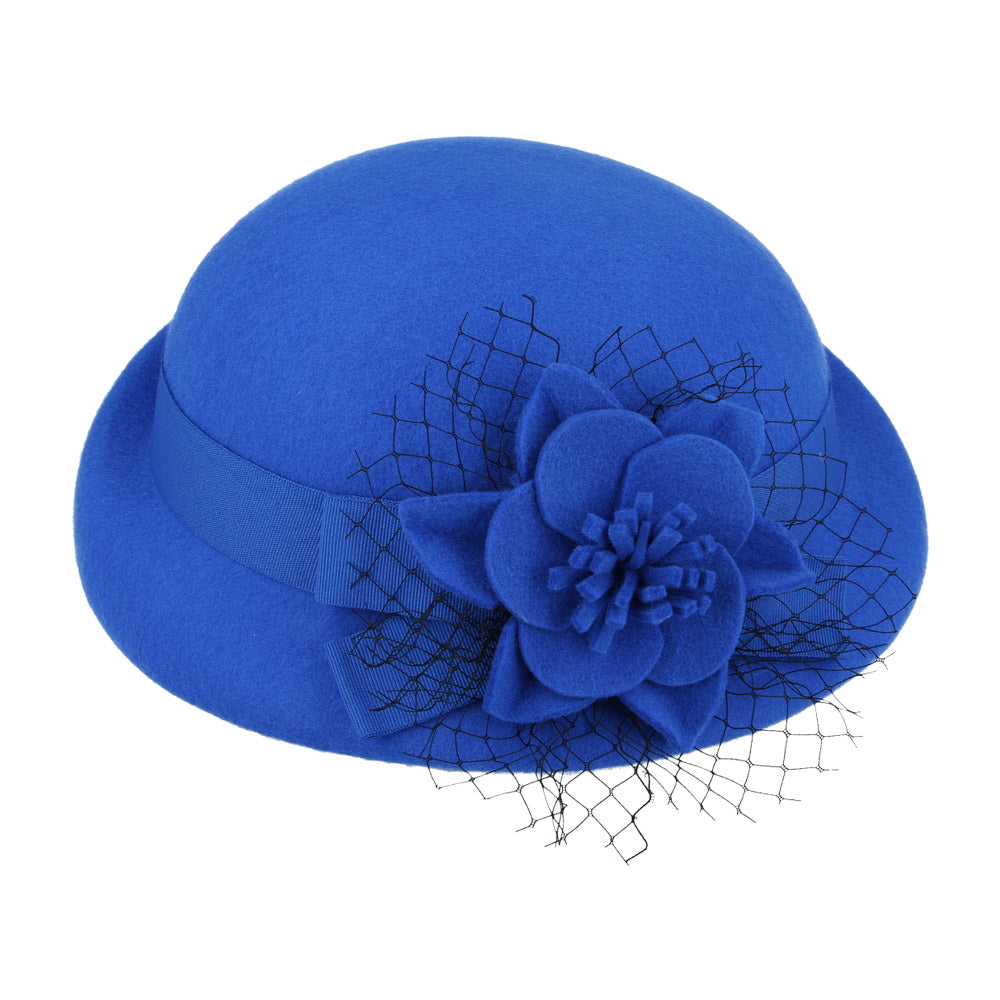 Chic Vintage Wool Cloche Hat With Flower & Mesh Yarn