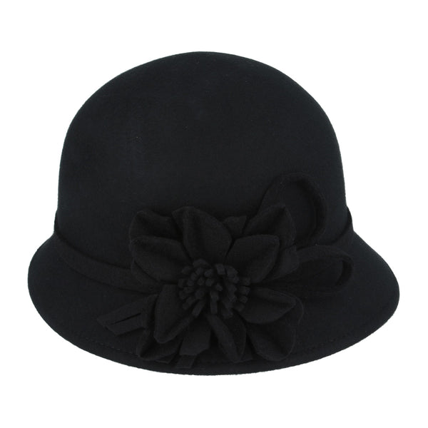 Ladies Chic Vintage Wool Cloche Hat With Flower & Strap Belt Around
