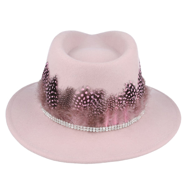 Baby Pink Fedora With Guinea Fowl Wrap