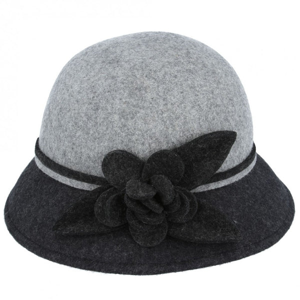 Ladies Chic Vintage Two Tone Wool Cloche Hat With Flower - Black-Grey