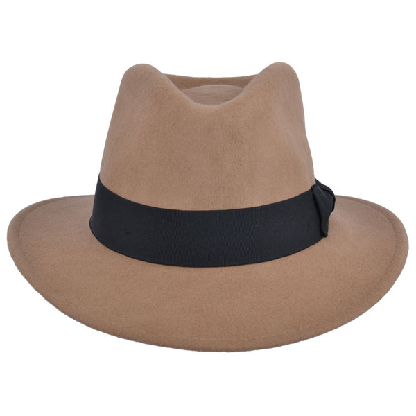 Unisex Wool Felt Crushable Fedora Hat With Grosgrain Band - Camel