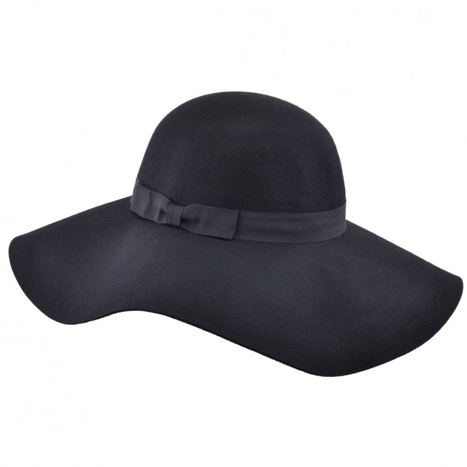 Wide Brim Wool Floppy Hat - Black
