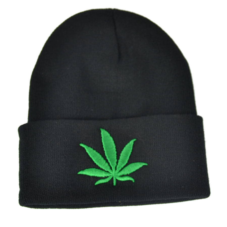 Green Leaf Beanie Hat - Black