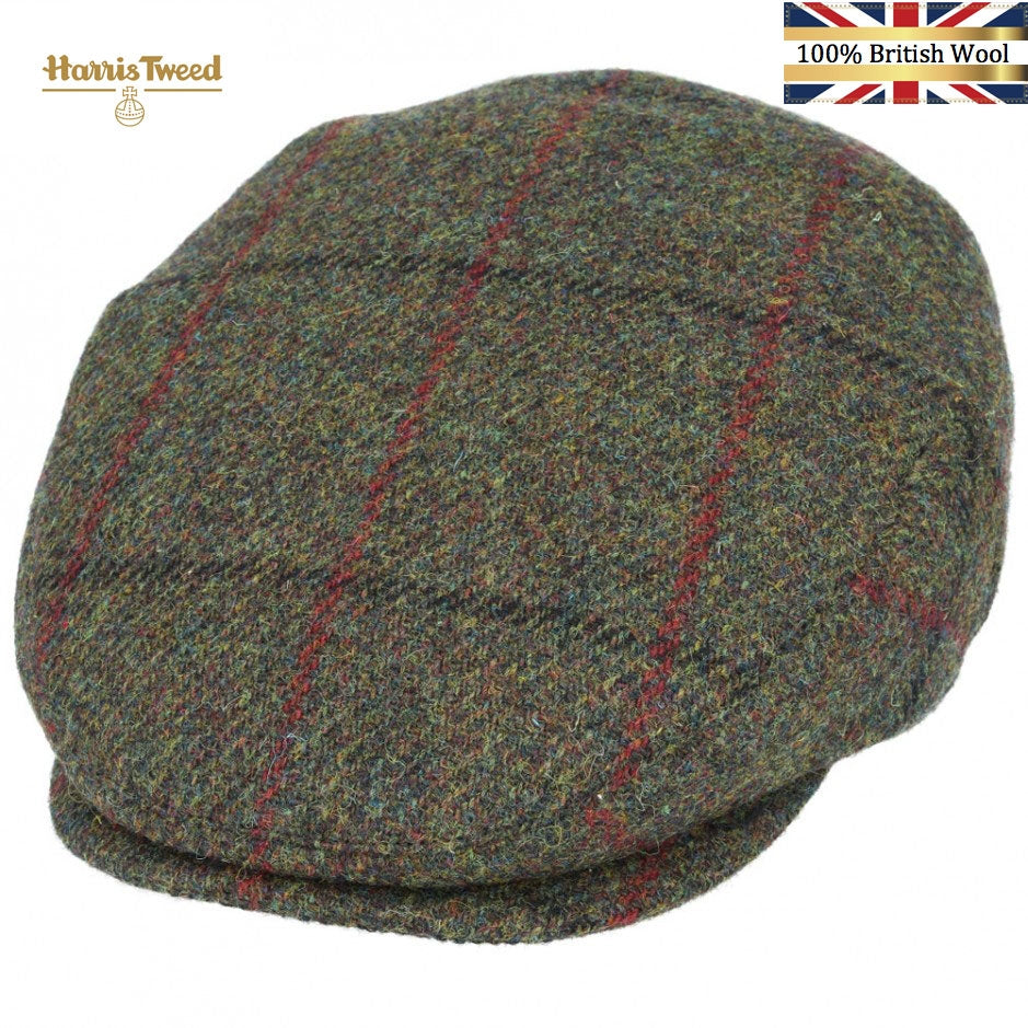 Harris Tweed 100% British Wool Check Tweed Flat Cap - Green