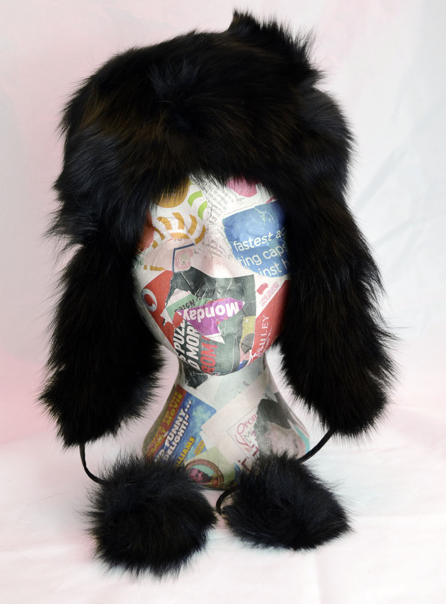 Black 100% Real Fox Fur Trapper Hat Top PVC Unisex Adjustable