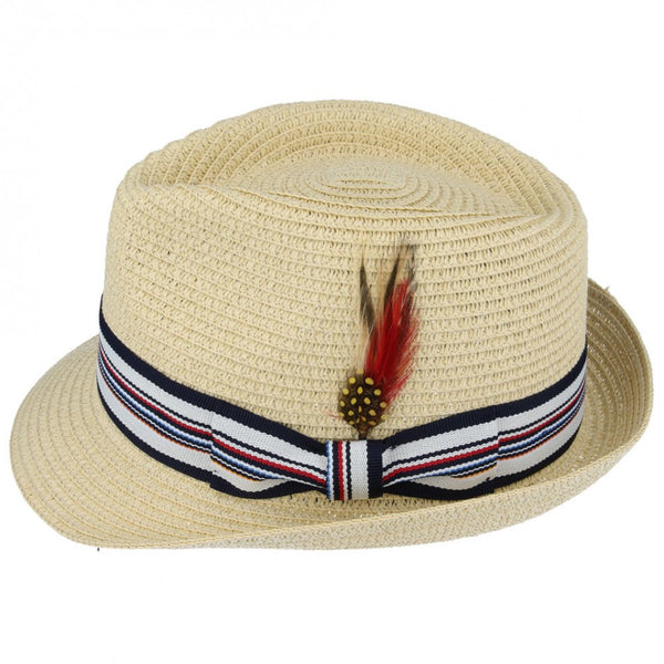 Maz Summer Paper Straw Trilby Hat With Strip Band - Beige