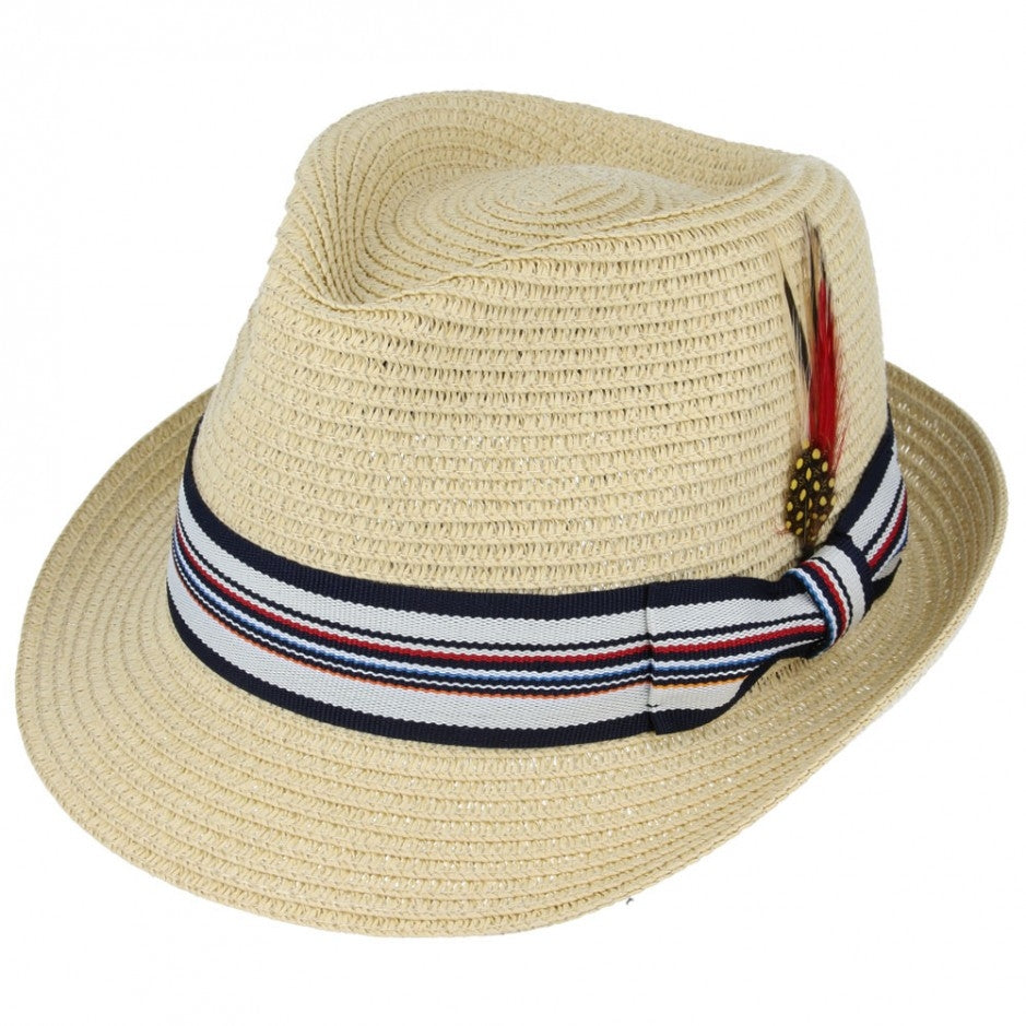 Maz Summer Paper Straw Trilby Hat With Strip Band - Beige