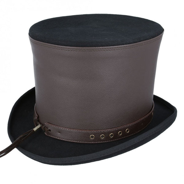 Maz Steampunk Top Hat With Laced Brown Leather Look Band - Black-Brown