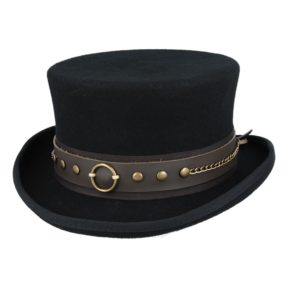 Gothic Steampunk Top Hat With Laced Brown Leather Look Band - Black