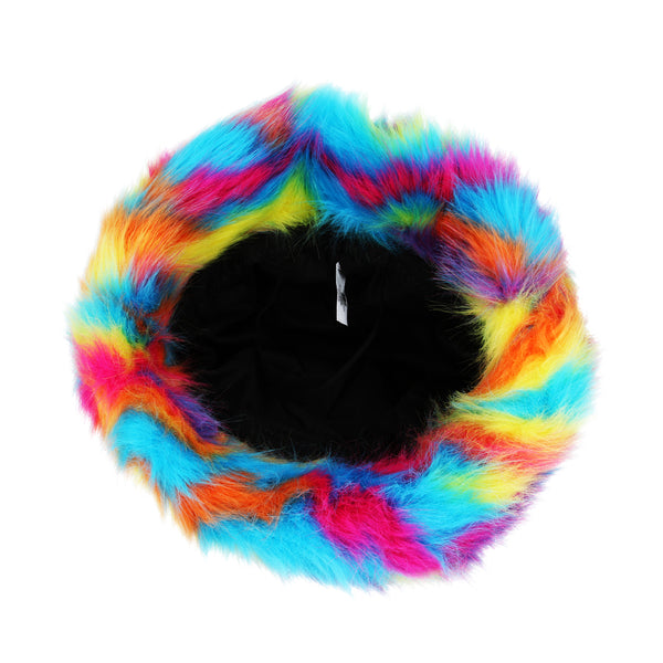 Fluffy Soft Colourful Faux Fur Bucket Hat - Rainbow