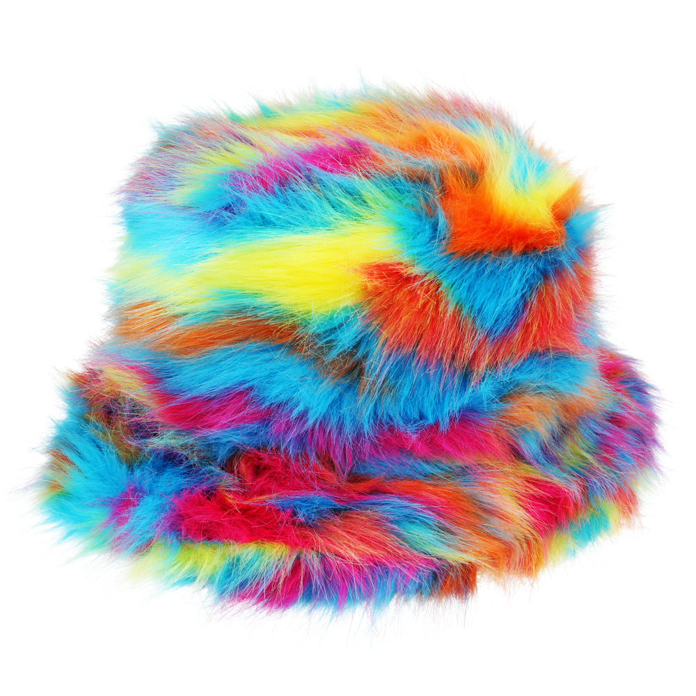 Fluffy Soft Colourful Faux Fur Bucket Hat - Rainbow