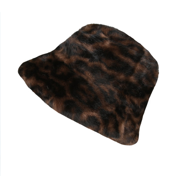 Leopard Fluffy Soft Faux Fur Bucket Hat – Brown