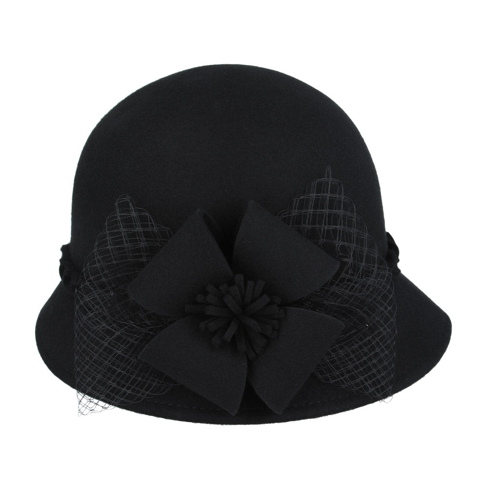 Ladies Chic Vintage Wool Cloche Hat With Flower & Strap Belt Around