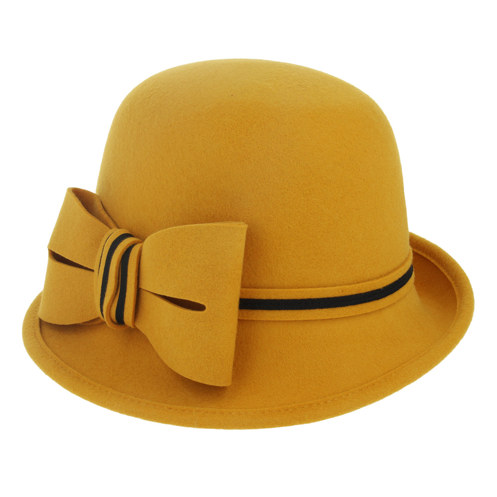 Ladies Chic Vintage Wool Cloche Hat With Bow & Belt Around