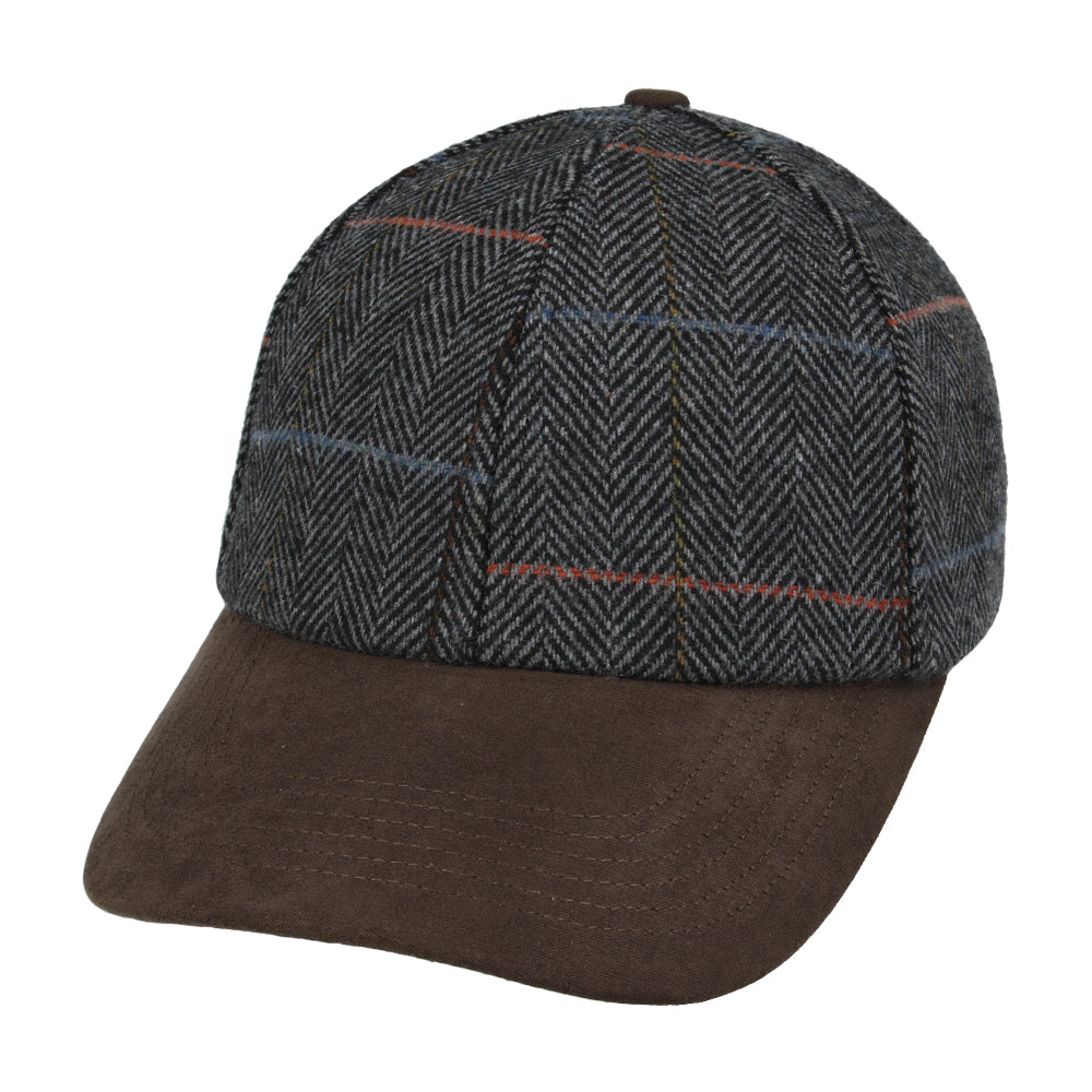 Herringbone Checked Baseball Cap With Suede Peak