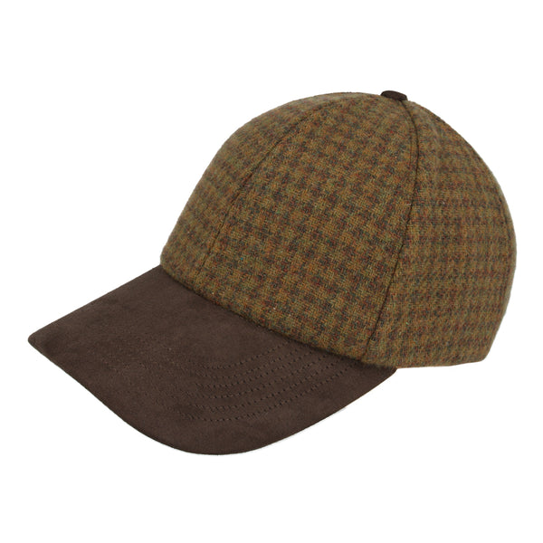 Checked Tweed Baseball Cap With Suede Peak - Brown