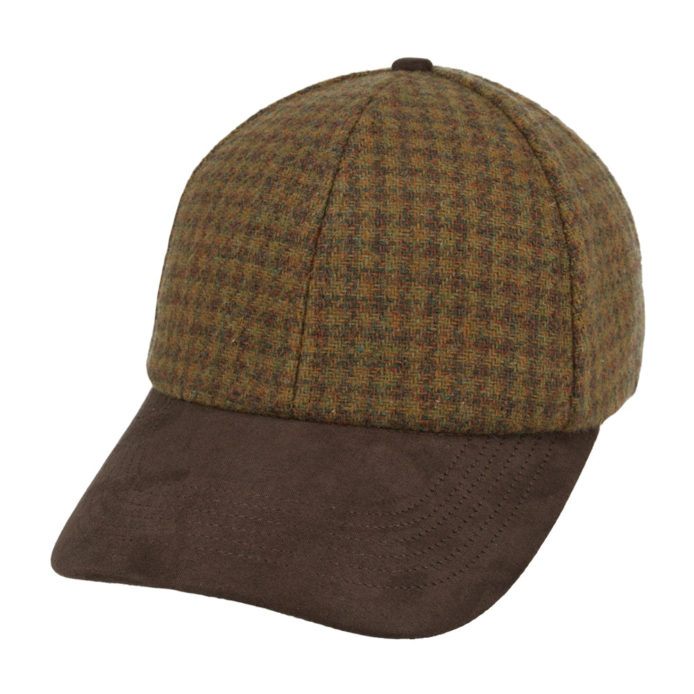Checked Tweed Baseball Cap With Suede Peak - Brown
