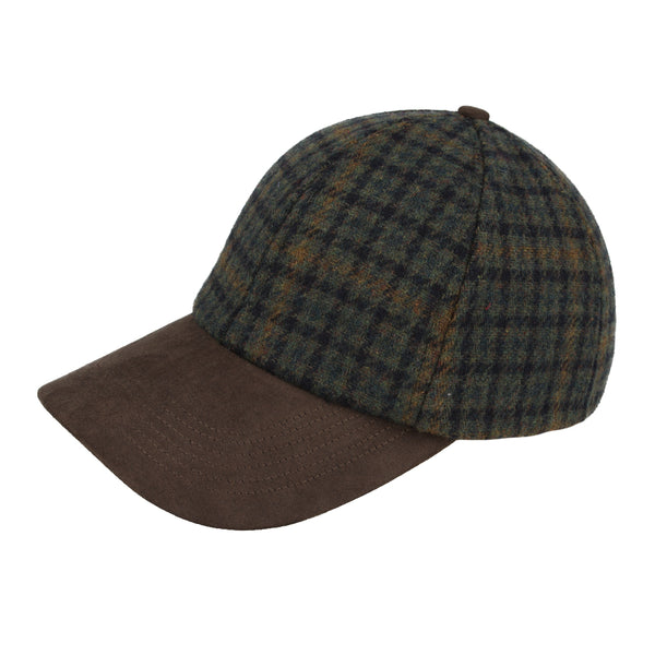 Checked Tweed Baseball Cap With Suede Peak - Green
