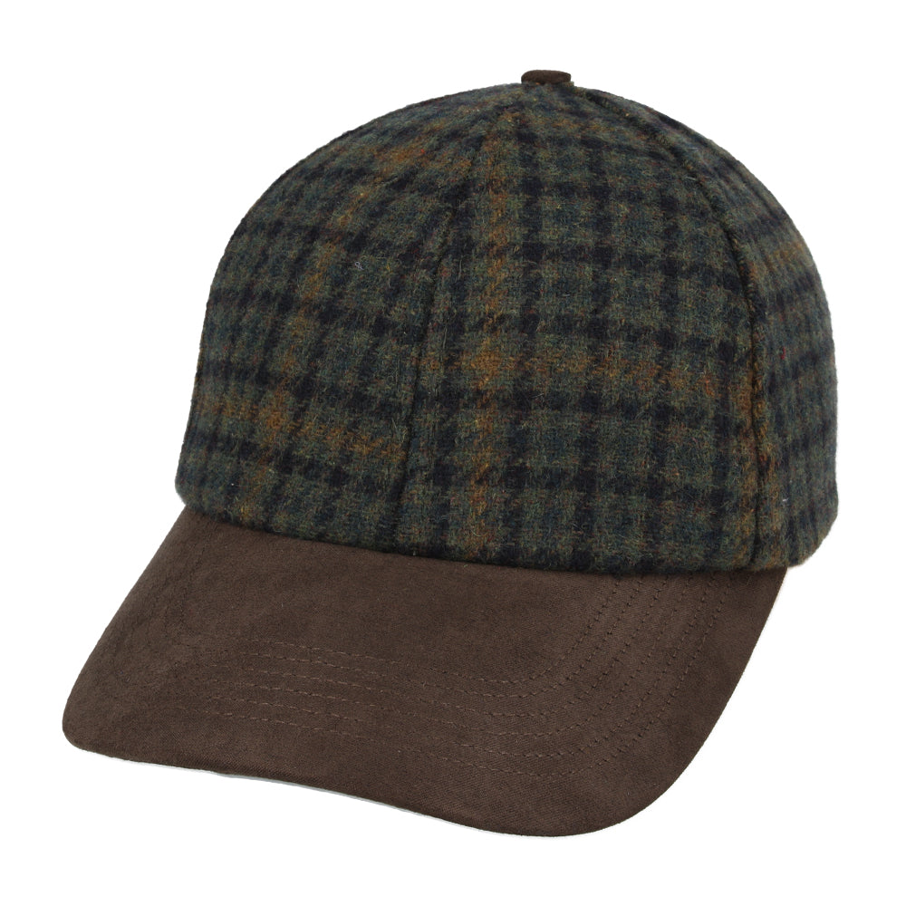 Checked Tweed Baseball Cap With Suede Peak - Green