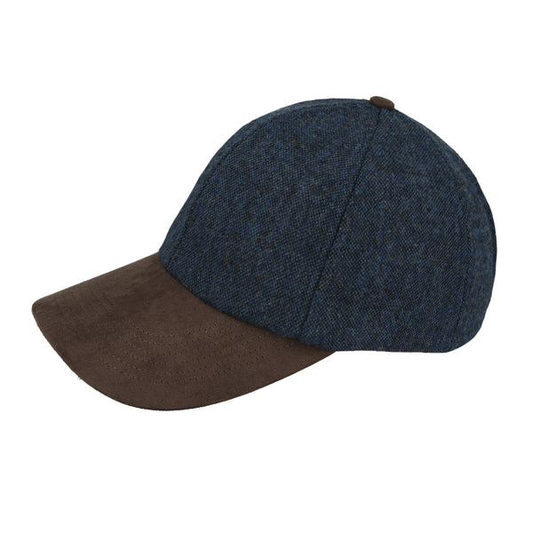 Tweed Baseball Cap With Suede Peak - Navy