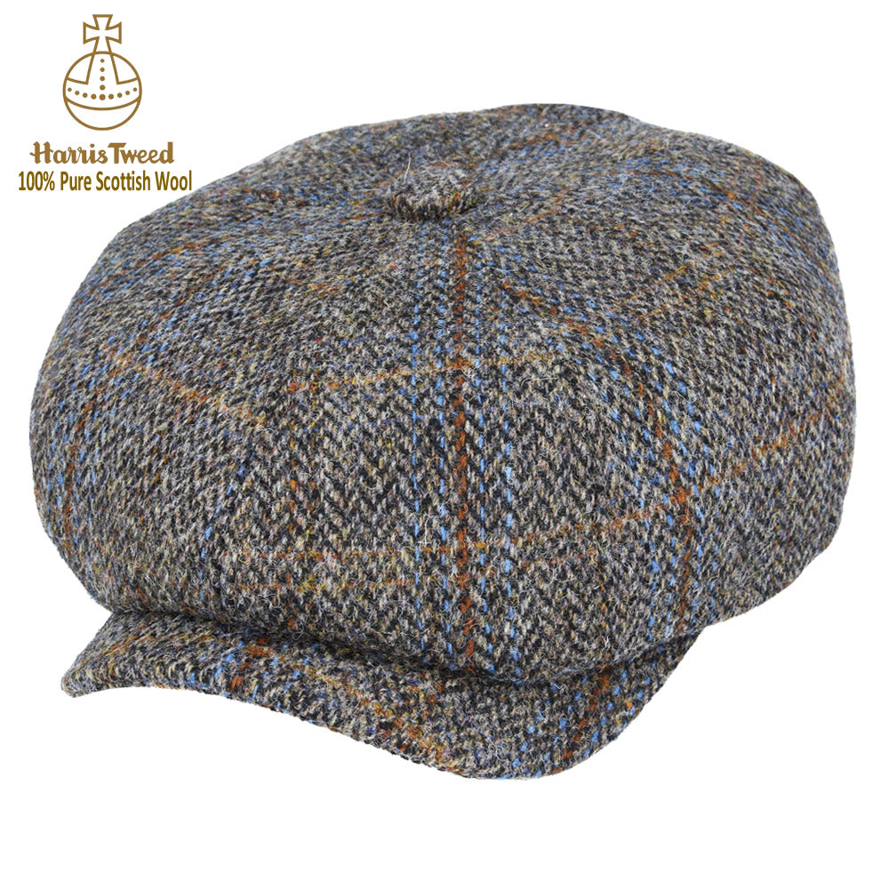 Green & Blue Herringbone With a Rust Overcheck Harris Tweed Wool Newsboy Cap