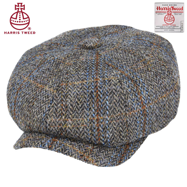 Green & Blue Herringbone With a Rust Overcheck Harris Tweed Wool Newsboy Cap