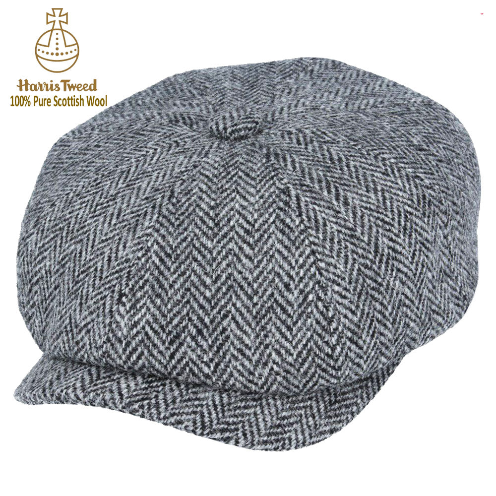 Grey-Black Herringbone Harris Tweed 100% Pure Wool Newsboy Cap