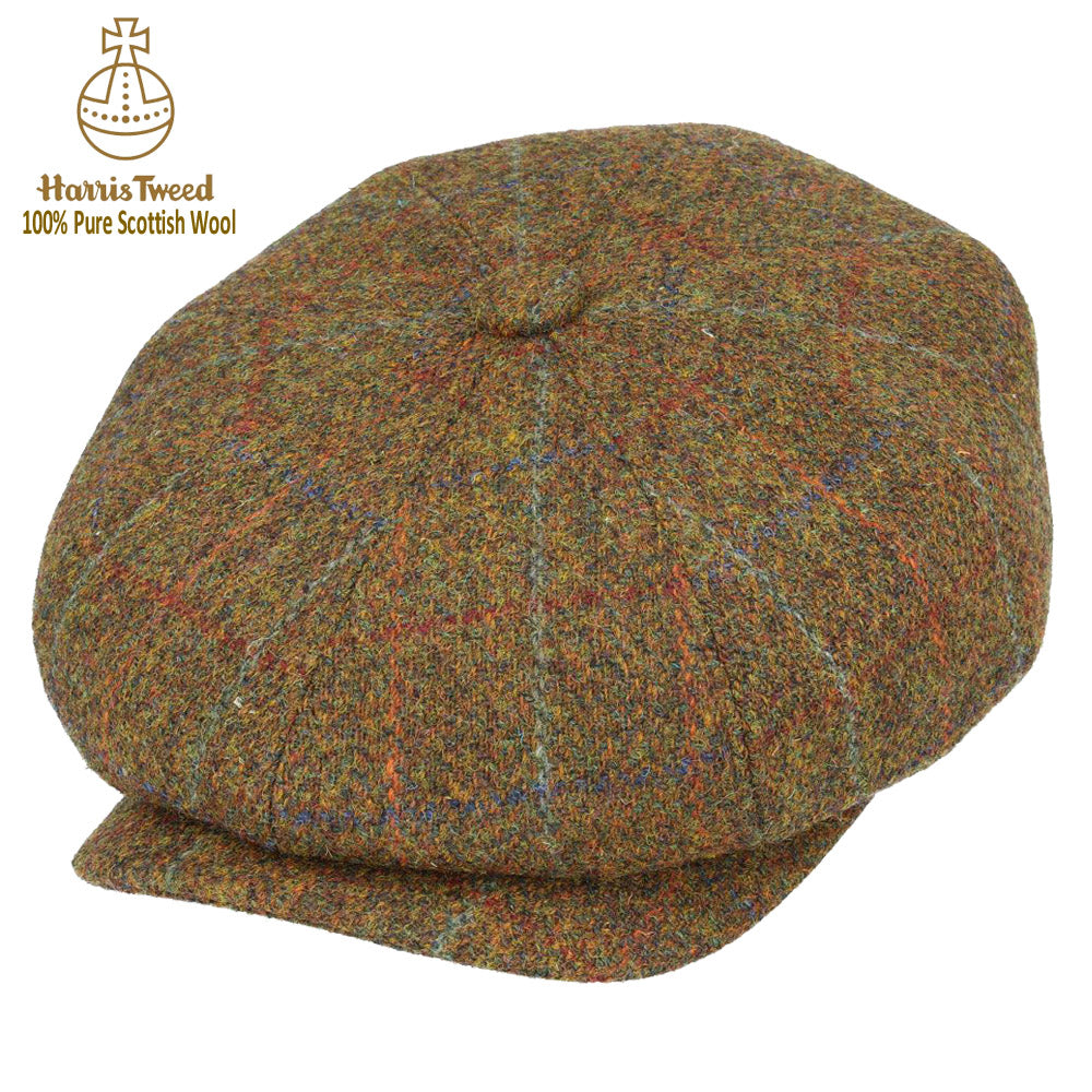 Rust Mix Blue and Green Overchecks Harris Tweed Wool Newsboy Cap