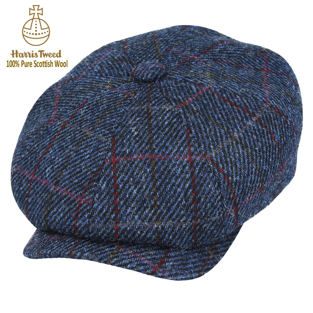 Dark Blue Twill Overchecks Harris Tweed 100% Pure Wool Newsboy Cap