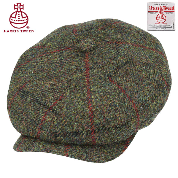 Green Twill with Black & Red Overchecks Harris Tweed Wool Newsboy Cap