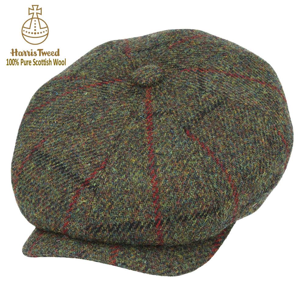 Green Twill with Black & Red Overchecks Harris Tweed Wool Newsboy Cap