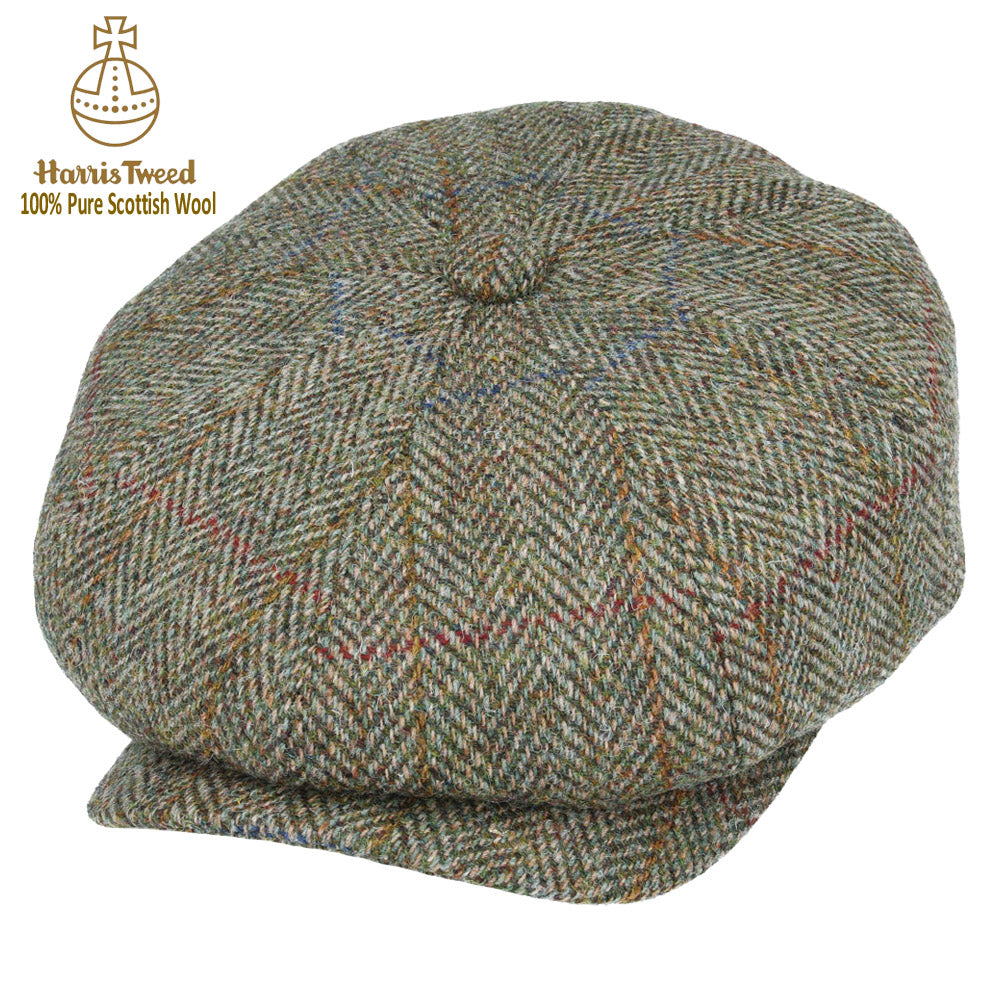 Mix Green Herringbone With Blue & Gold Overchecks Harris Tweed Wool Newsboy Cap