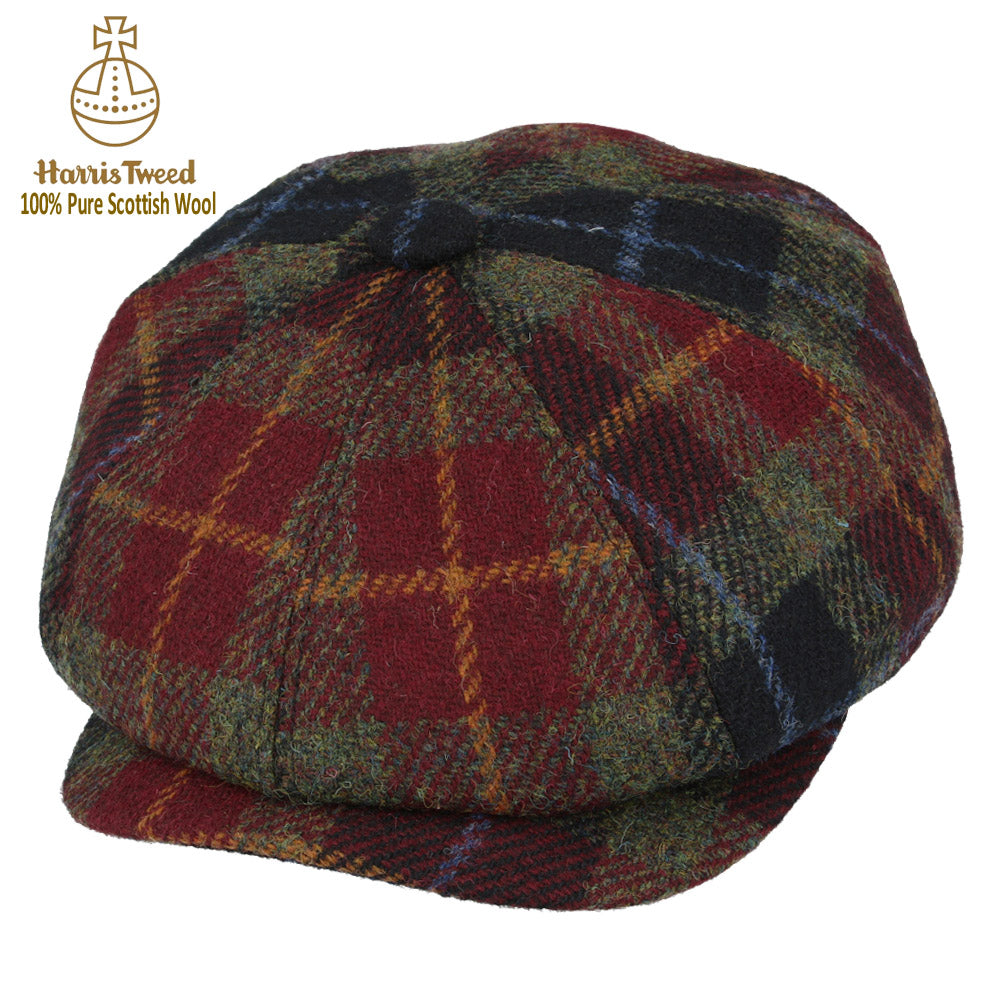 Green, Red & Black Tartan With Gold & Blue Harris Tweed Wool Newsboy Cap
