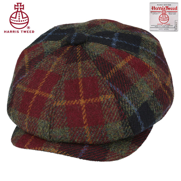 Green, Red & Black Tartan With Gold & Blue Harris Tweed Wool Newsboy Cap