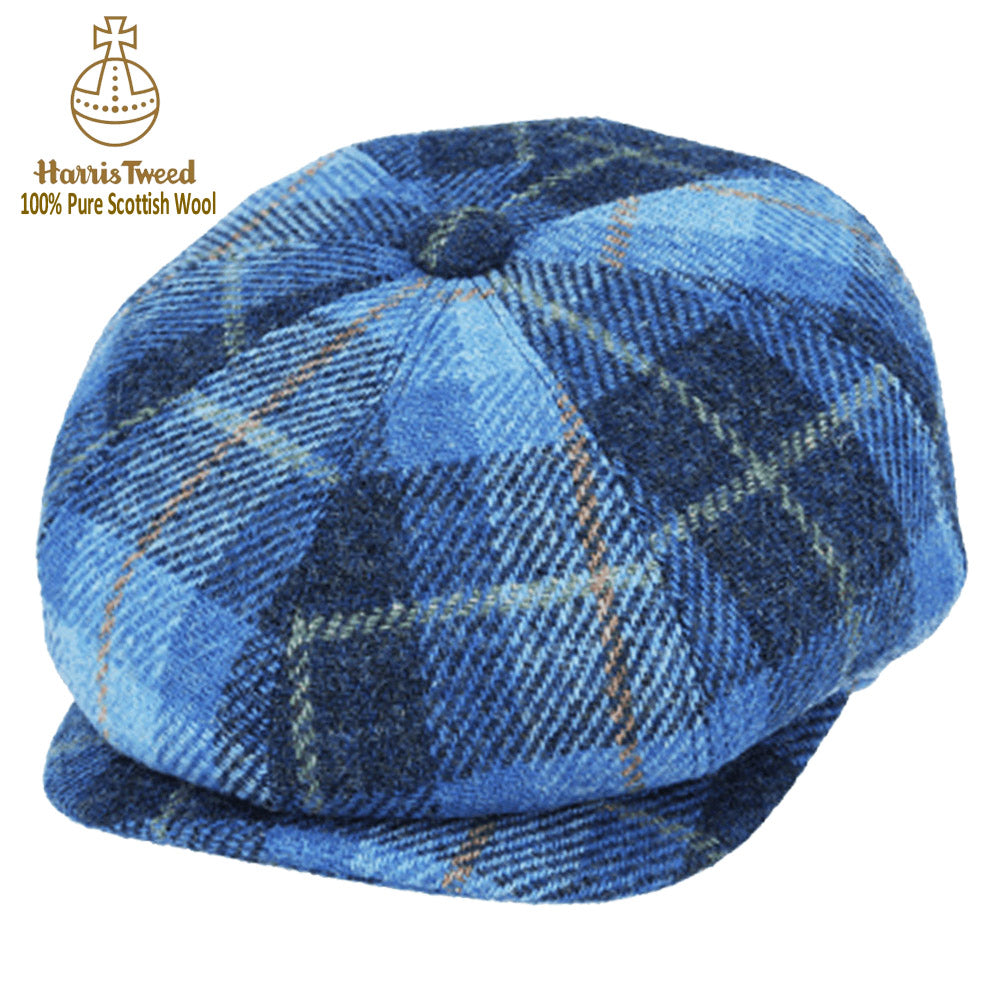 Blue Tartan Harris Tweed 100% Pure Wool Newsboy Cap