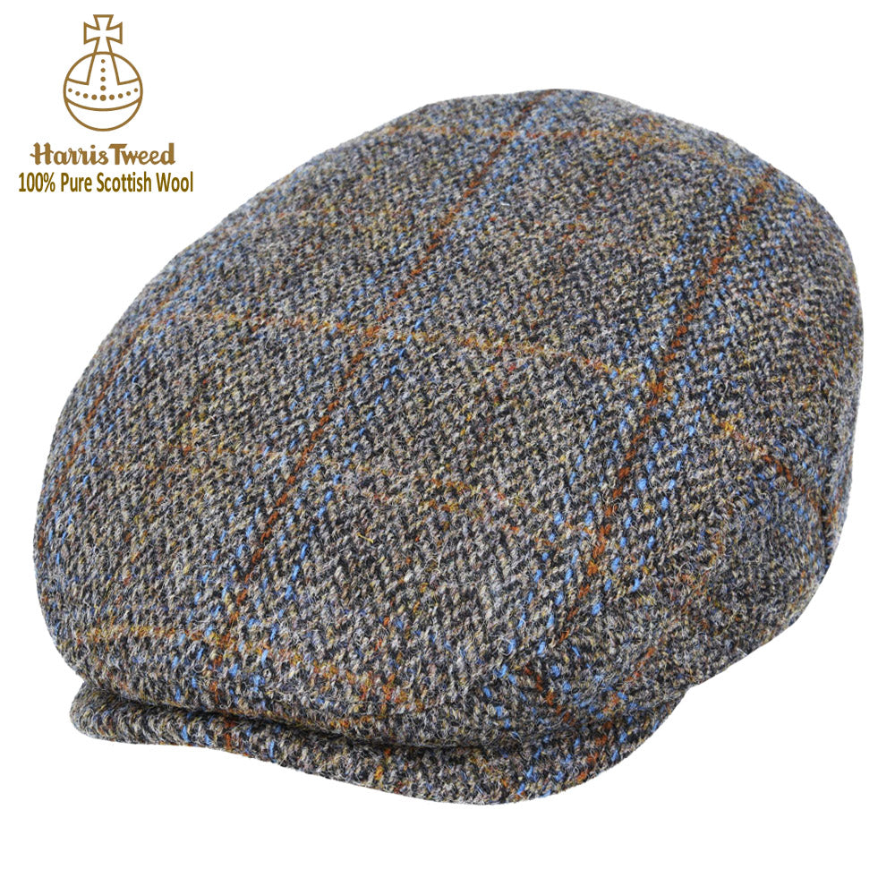 Green & Blue Herringbone With a Rust Overcheck Harris Tweed Wool Flat Cap