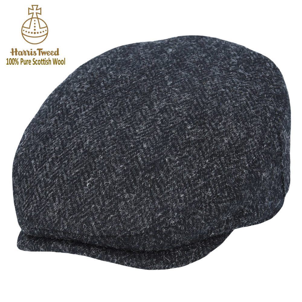 Charcoal & Black Herringbone Harris Tweed 100% Pure Wool Flat Cap
