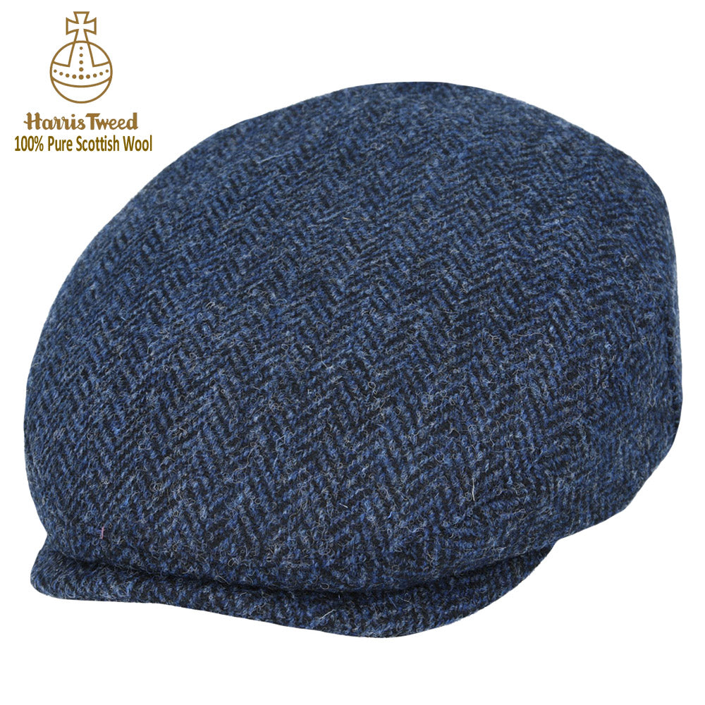 Blue & Black Herringbone Harris Tweed 100% Pure New Wool Flat Ca
