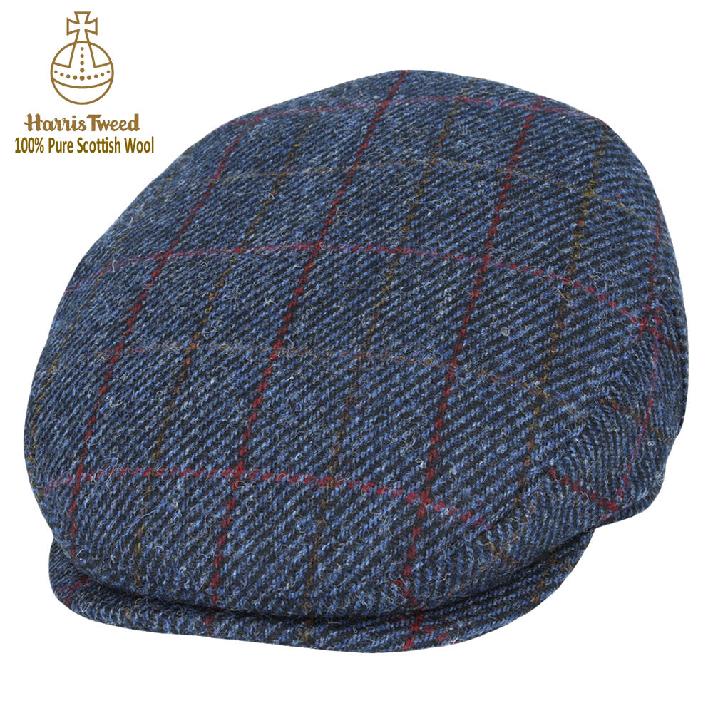 Dark Blue Twill Overchecks Harris Tweed 100% Pure Wool Flat Cap