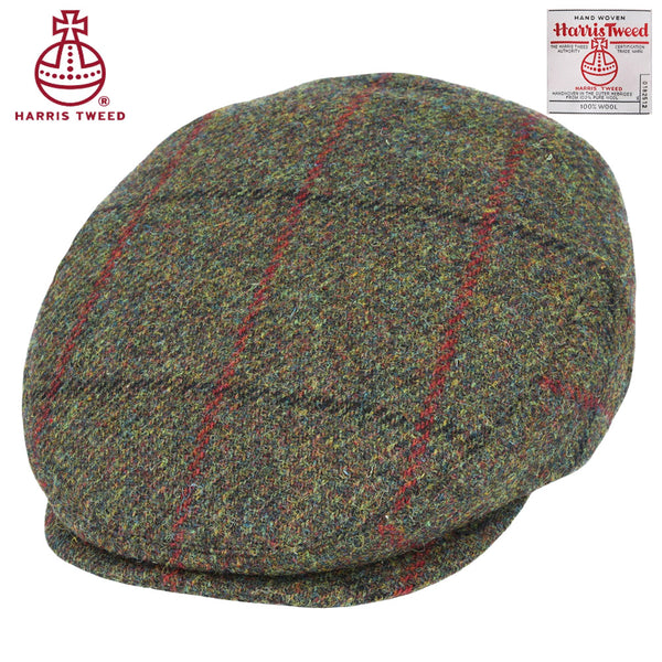 Green Twill with Black & Red Overchecks Harris Tweed Wool Flat Cap