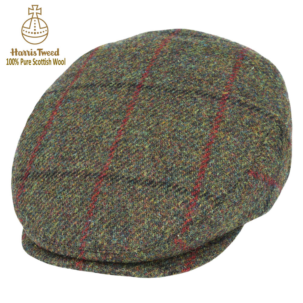 Green Twill with Black & Red Overchecks Harris Tweed Wool Flat Cap