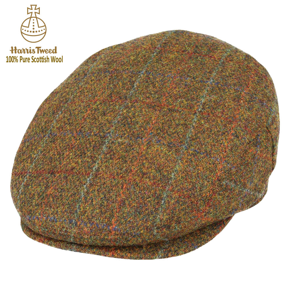 Rust Mix Blue and Green Overchecks Harris Tweed Wool Flat Cap