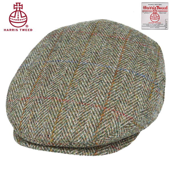 Green Mix Herringbone With Blue & Gold Overchecks Harris Tweed Wool Flat Cap