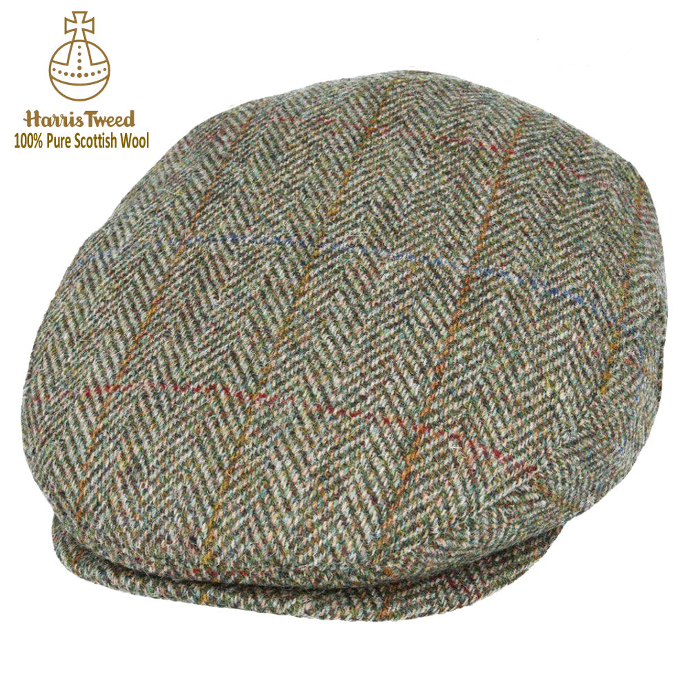 Green Mix Herringbone With Blue & Gold Overchecks Harris Tweed Wool Flat Cap