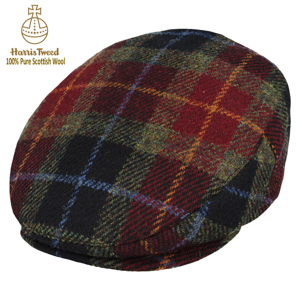 Green, Red & Black Tartan With Gold & Blue Harris Harris Tweed 100% Wool Flat Cap