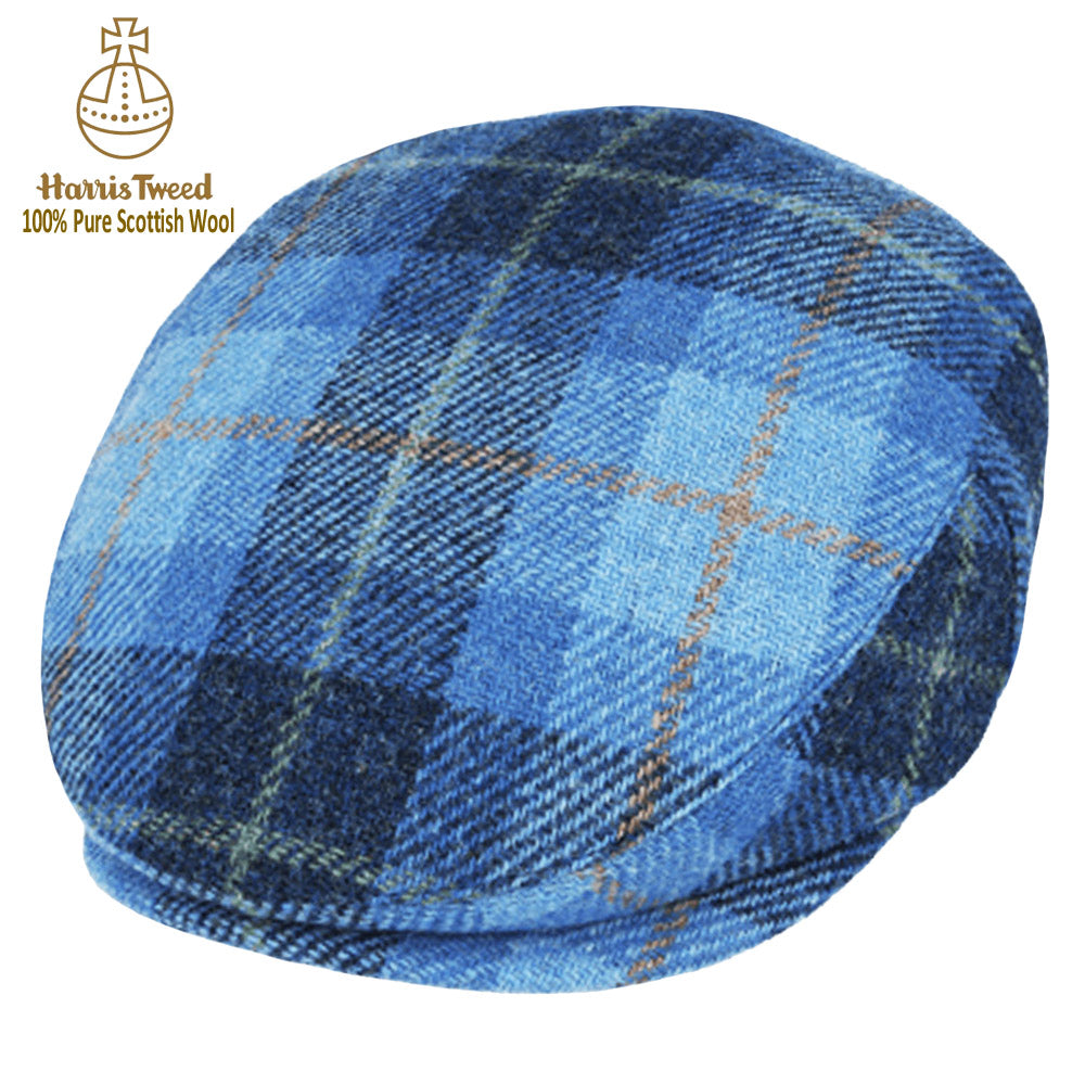 Blue Check Tartan Harris Tweed Wool Flat Cap