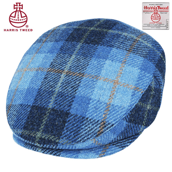 Blue Check Tartan Harris Tweed Wool Flat Cap