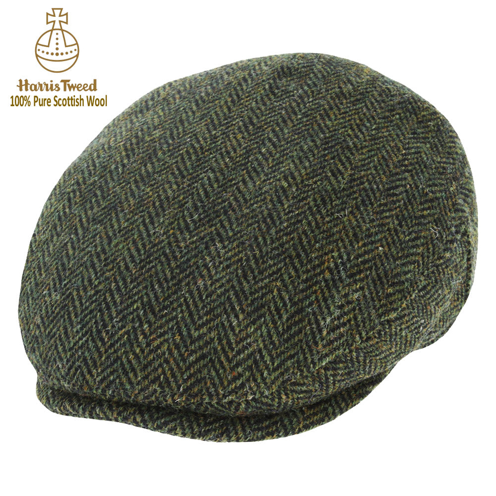 Green Herringbone Harris Tweed 100% Pure Wool Flat Cap