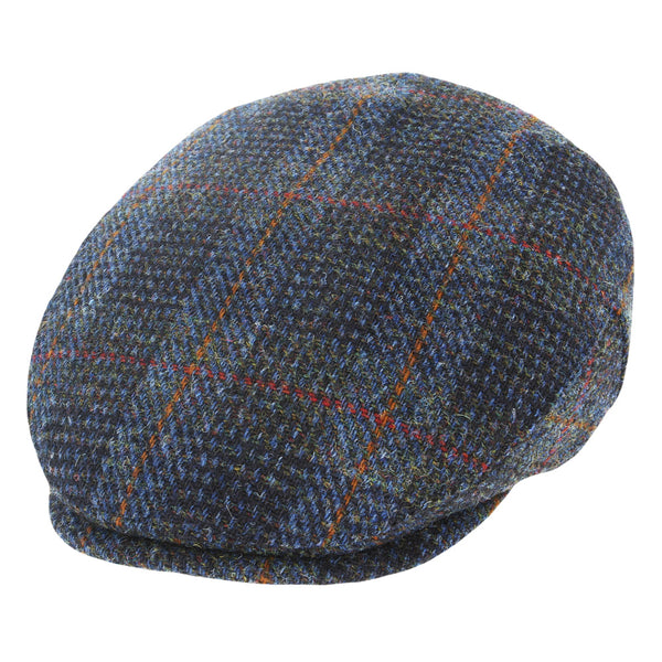Dark Blue Houndstooth Overcheck Harris Tweed 100% Pure Wool Flat Cap