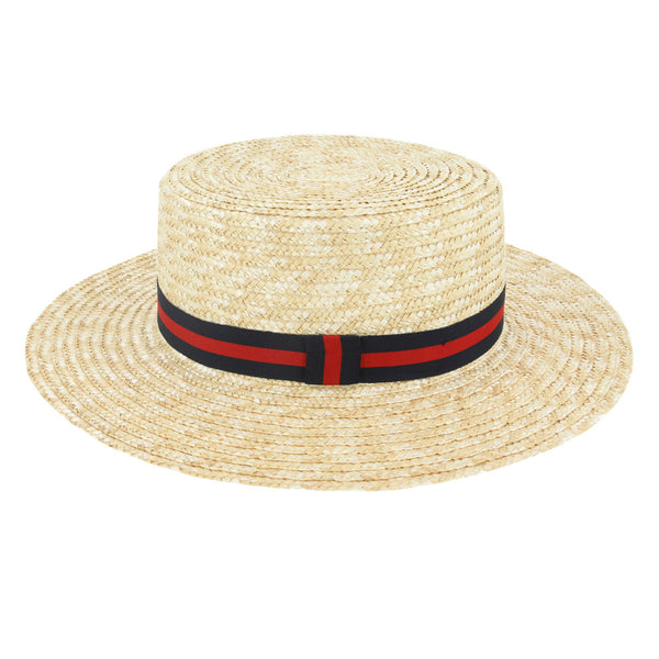Traditional 100% Straw Boater Hat with Navy & Red Stripe Band